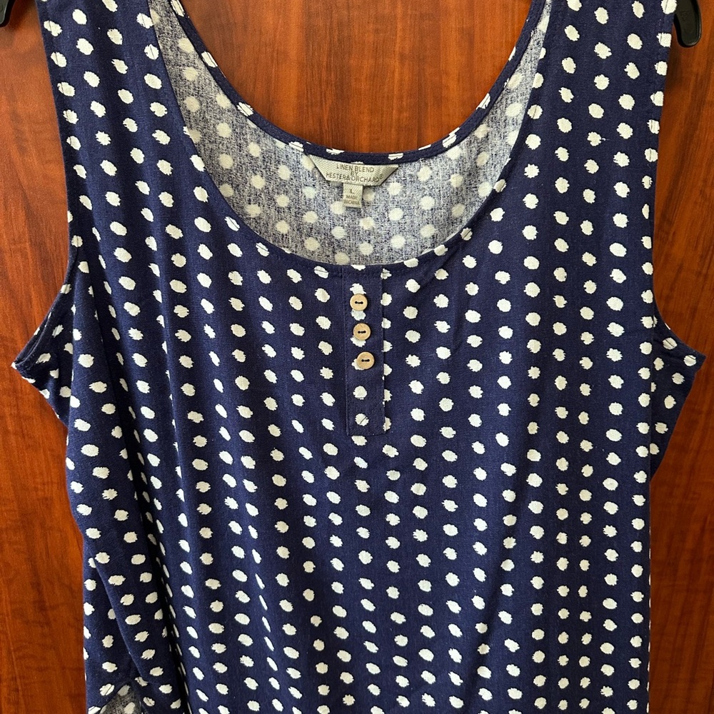 Navy Polka Dot Sleeveless Top Linen Blend